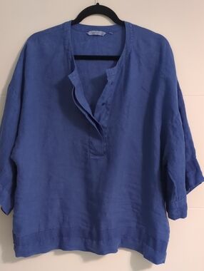Xacus Blue Linen Pullover Boxy Relaxed Fit Blouse Top Beach Minimalist Sz 46/14